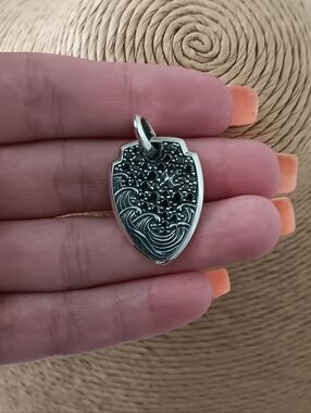 David Yurman Men's Black Diamond Waves Shield Pendant Amulet in Sterling Silver